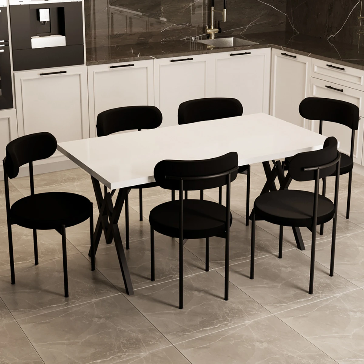 Trend 6 Kişilik Mutfak Masa Takımı Beyaz-Siyah-Siyah