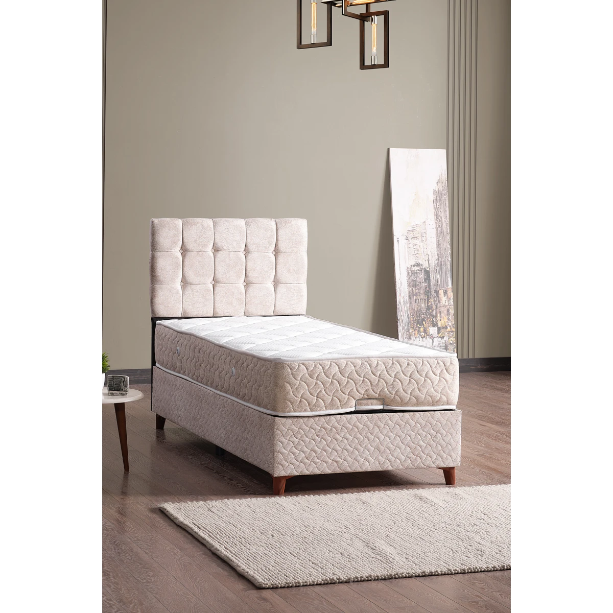 Bengü Tek Kişilik Baza Başlık Yatak Seti Krem 90*190