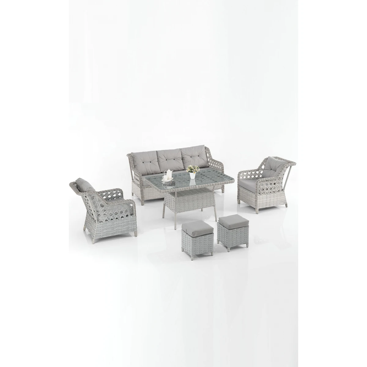 Eren Rattan Puflu Bahçe Balkon Takımı 3+1+1 Gri