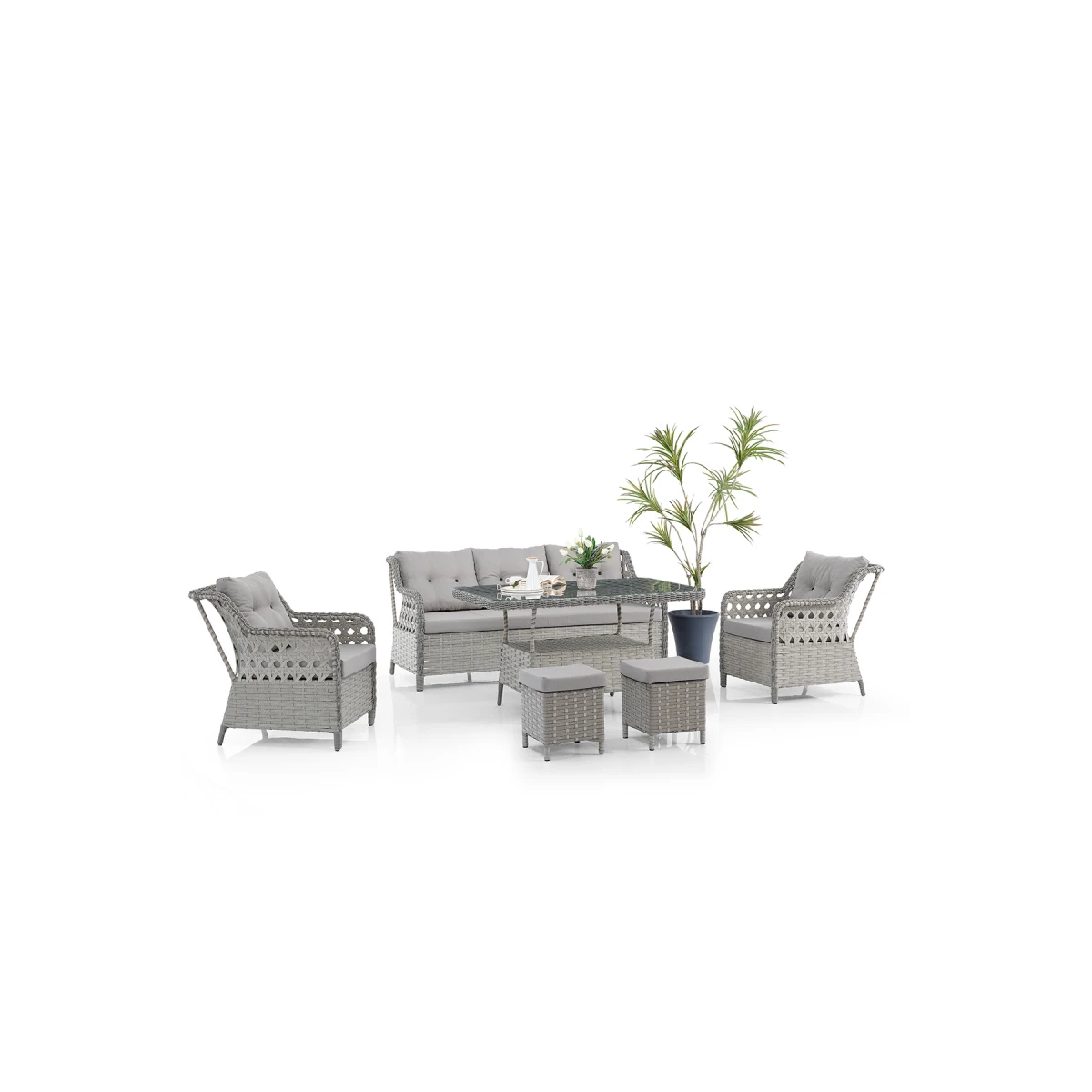 Deniz Rattan Puflu Bahçe Balkon Takımı 3+1+1 Gri