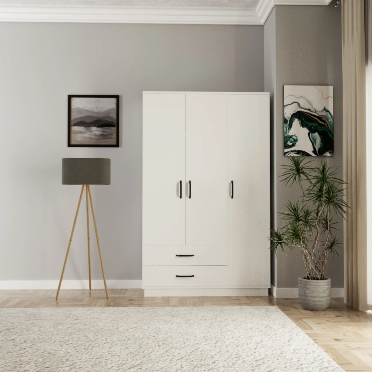 Erna 3 Kapak 2 Çekmeceli Gardırop Beyaz