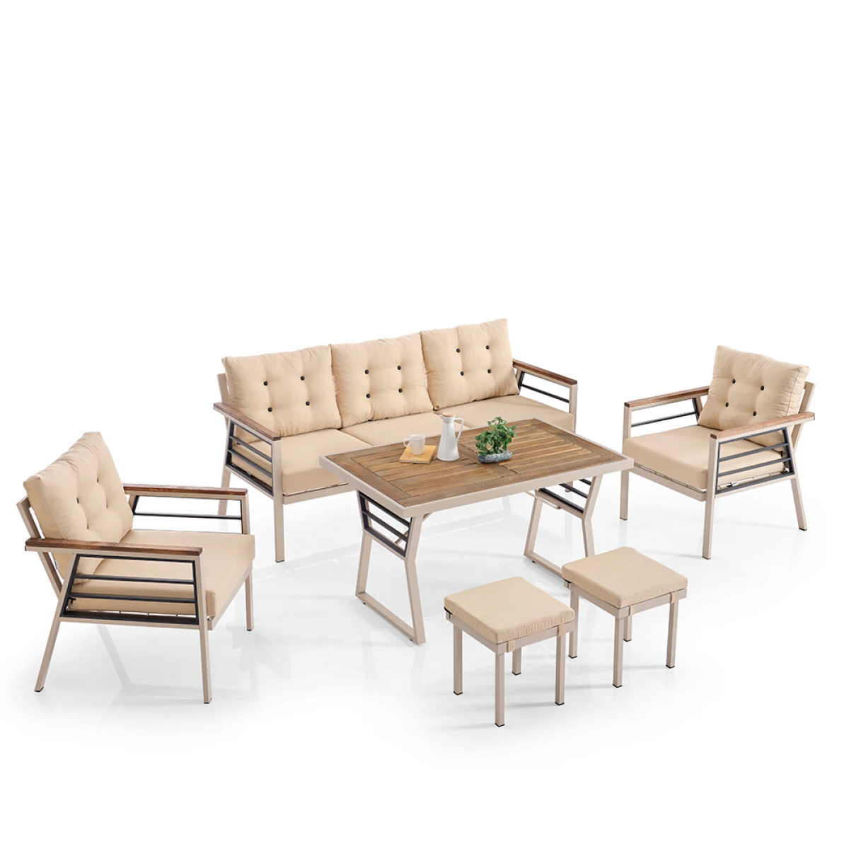 Lara Metal Puflu Bahçe Balkon Takımı 3+1+1+Ahşap Masa Cappuccino