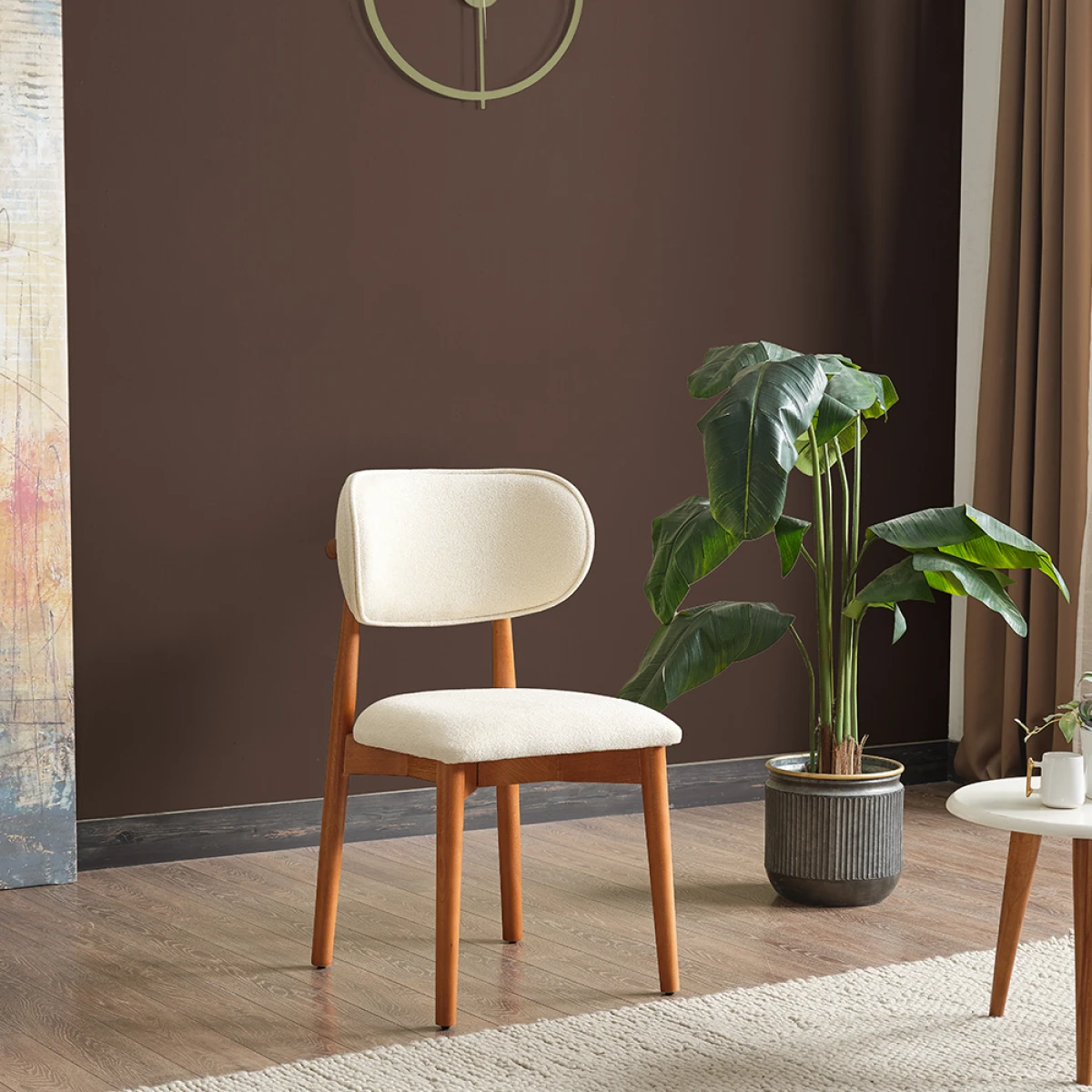 Polo Bukle Kumaş Ahşap Lüks Sandalye Krem