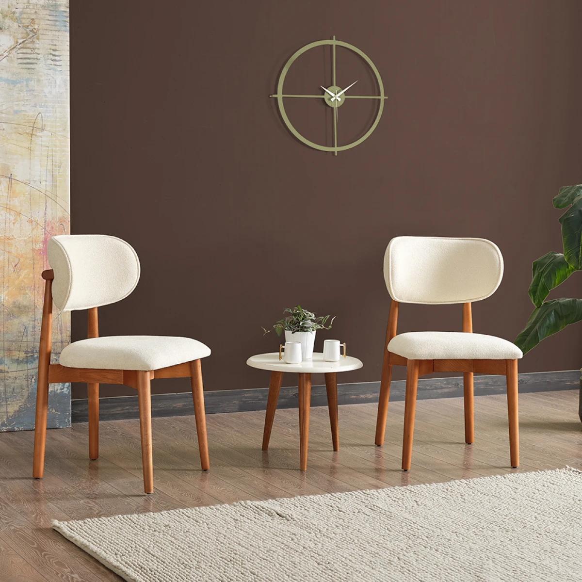 Polo Bukle Kumaş 2’li Ahşap Lüks Sandalye Krem