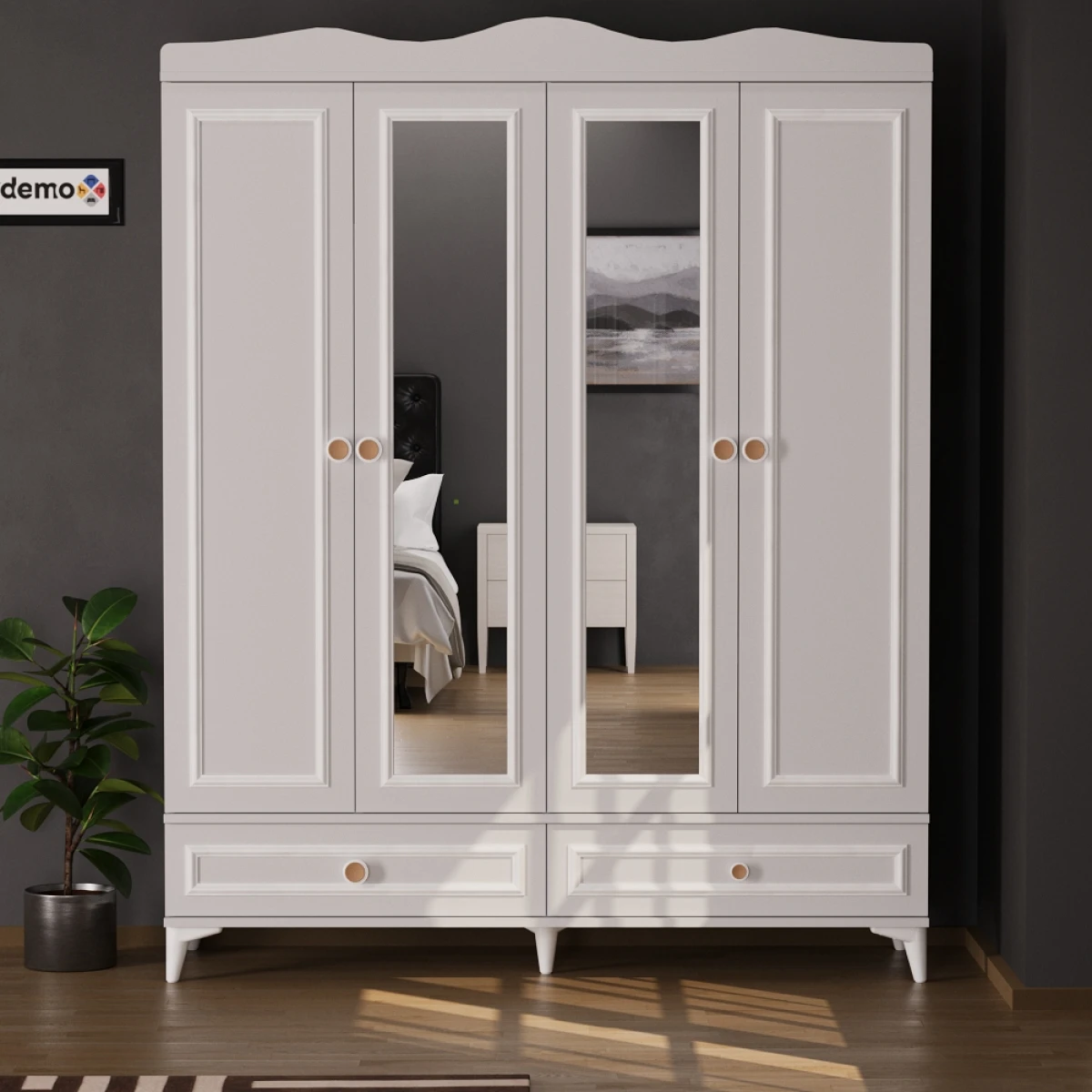 Nova 4 Kapaklı 2 Çekmeceli Aynalı Gardırop Beyaz