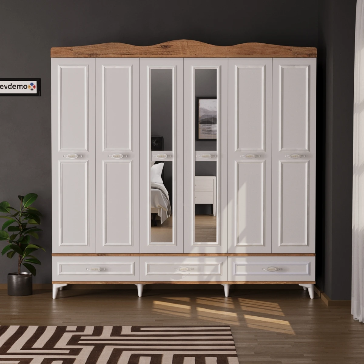 Luna 6 Kapaklı 3 Çekmeceli Aynalı Gardırop Atlantik Çam