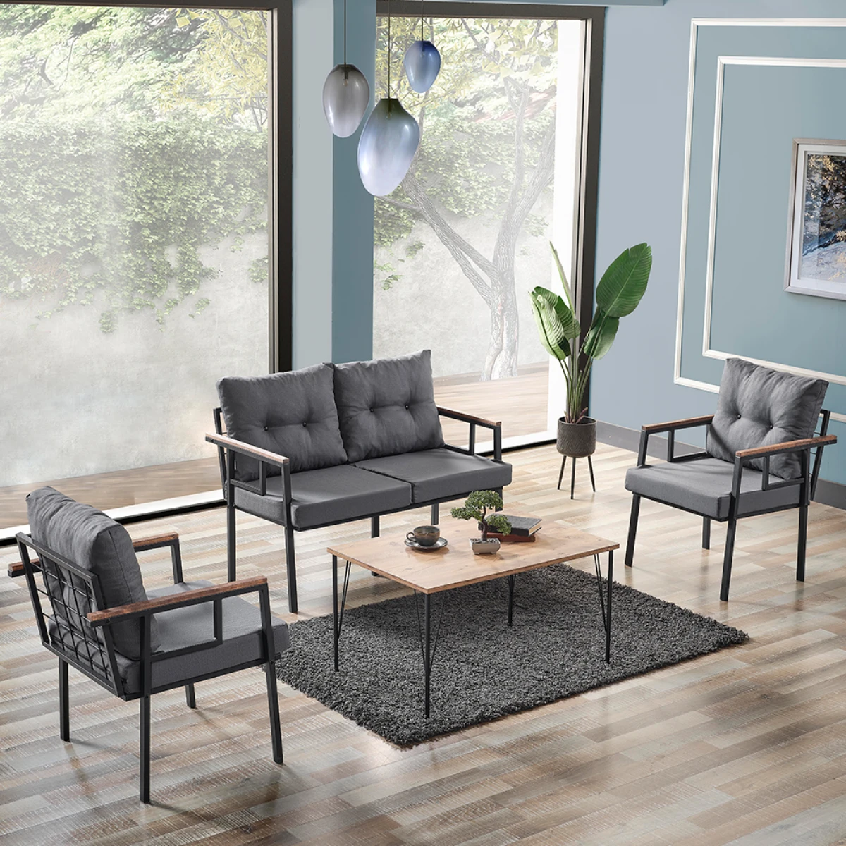 Saye Metal Bahçe Balkon Oturma Takımı 2+1+1+Orta Sehpa Antrasit