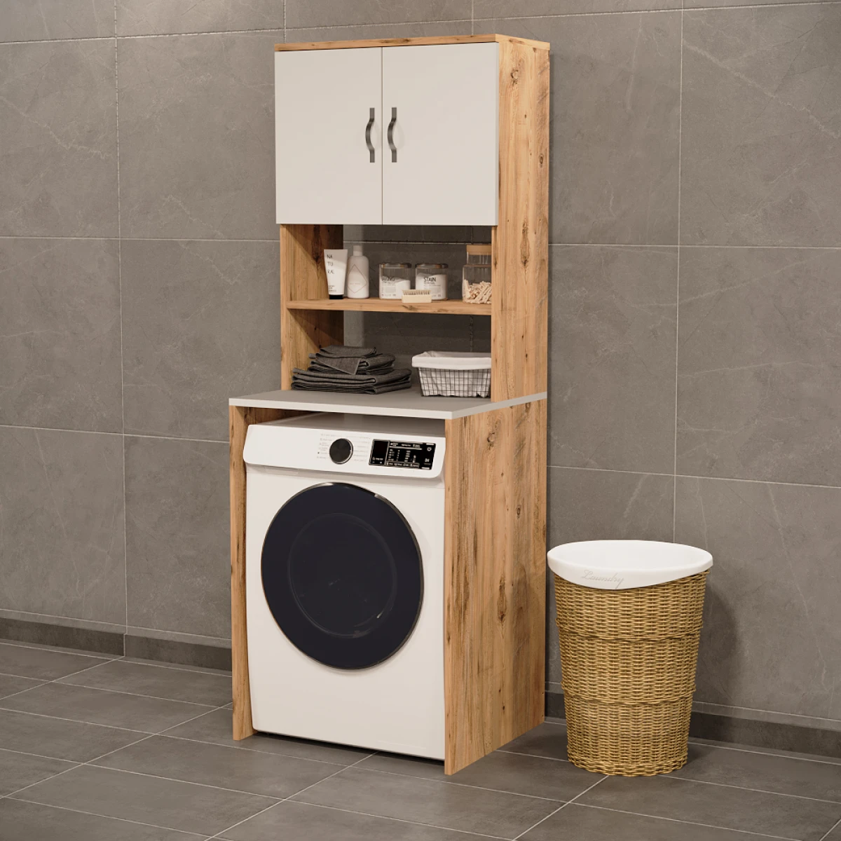 Çamaşır Makinesi Üstü Banyo Dolabı Rafı Atlantik Çam