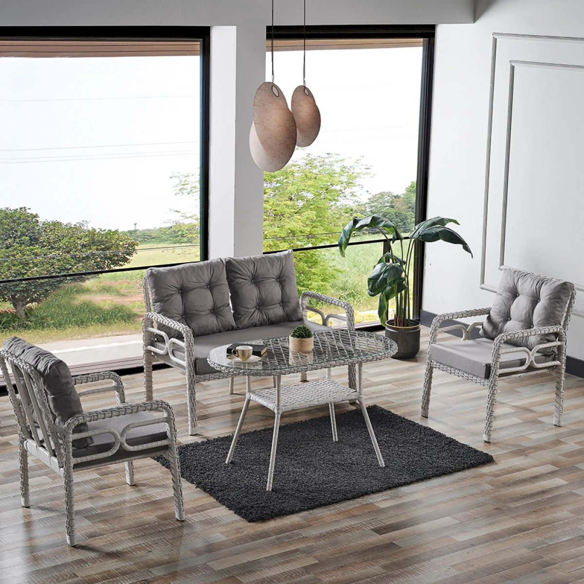 Rio Rattan Bahçe Balkon Oturma Takımı 2+1+1+Camlı Masa Kemik Rengi