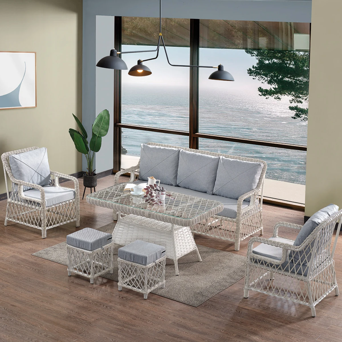 Edra Rattan Puflu Bahçe Balkon Takımı 3+1+1+Camlı Masa Kemik Rengi