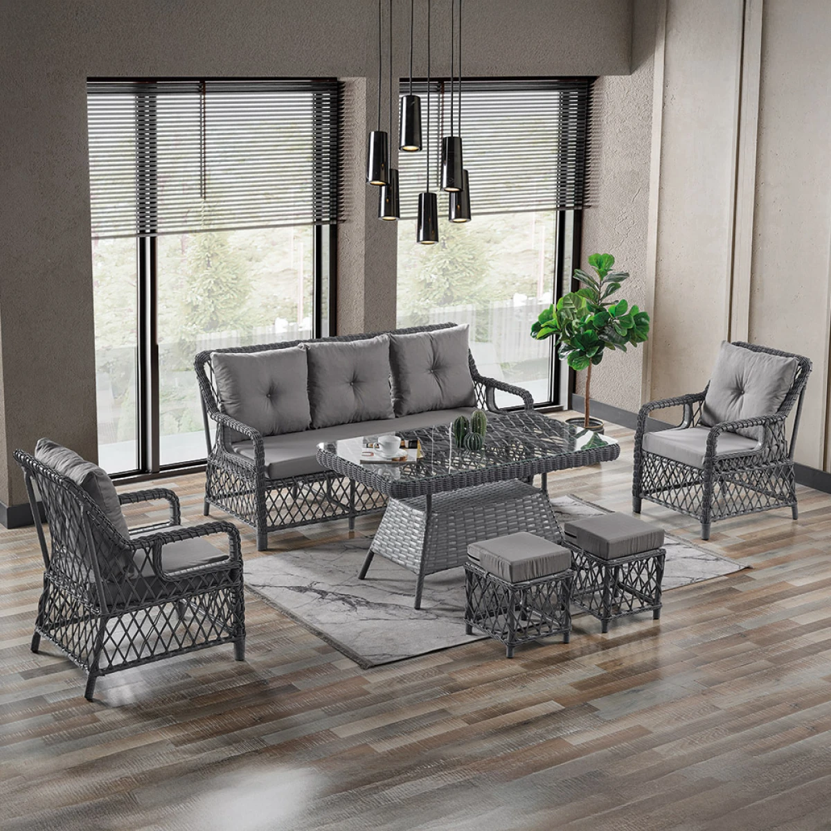 Edra Rattan Puflu Bahçe Balkon Takımı 3+1+1+Camlı Masa Gri