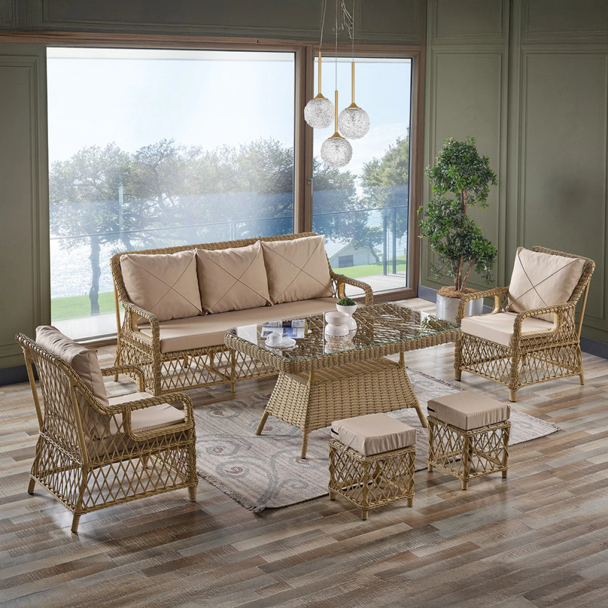 Edra Rattan Puflu Bahçe Balkon Takımı 3+1+1+Camlı Masa Cappuccino