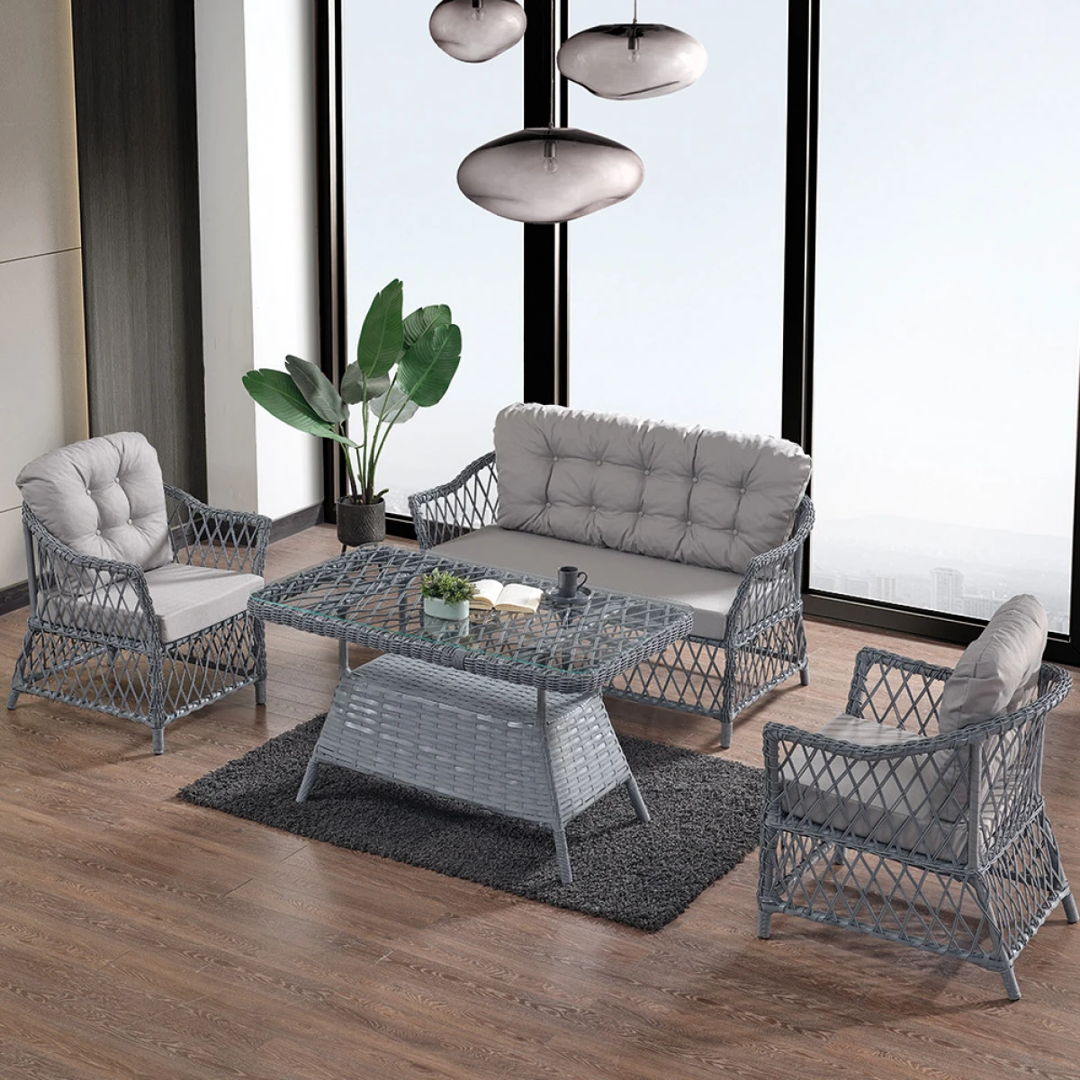 Icon Rattan Bahçe Balkon Oturma Takımı 2+1+1+Camlı Masa Gri