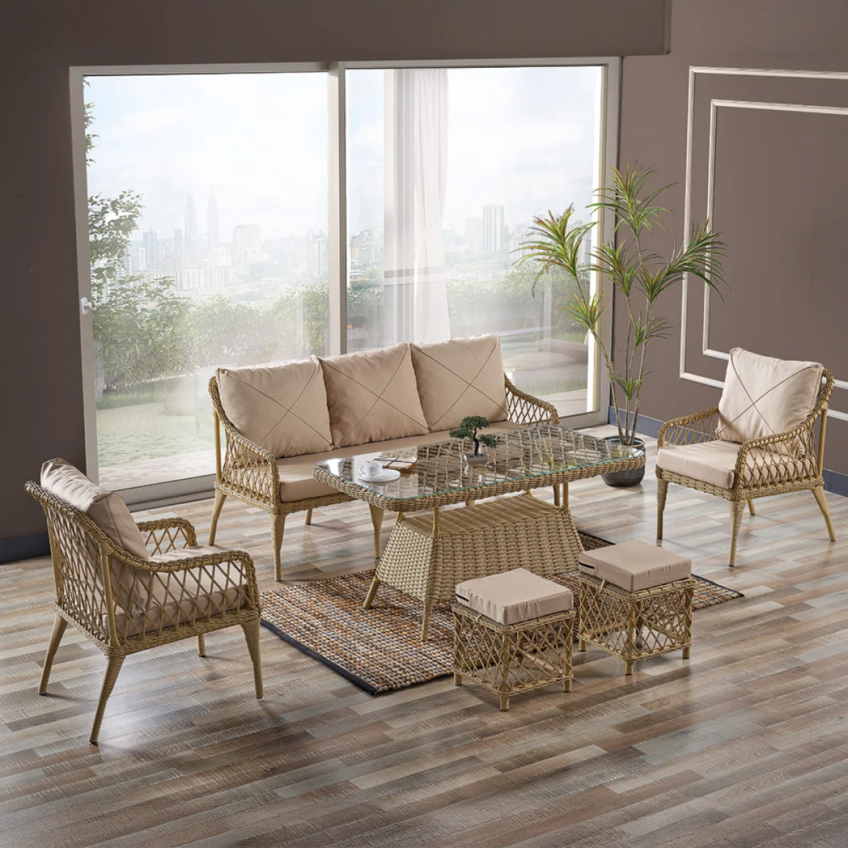 Joy Rattan Puflu Bahçe Balkon Takımı 3+1+1+Camlı Masa Cappuccino