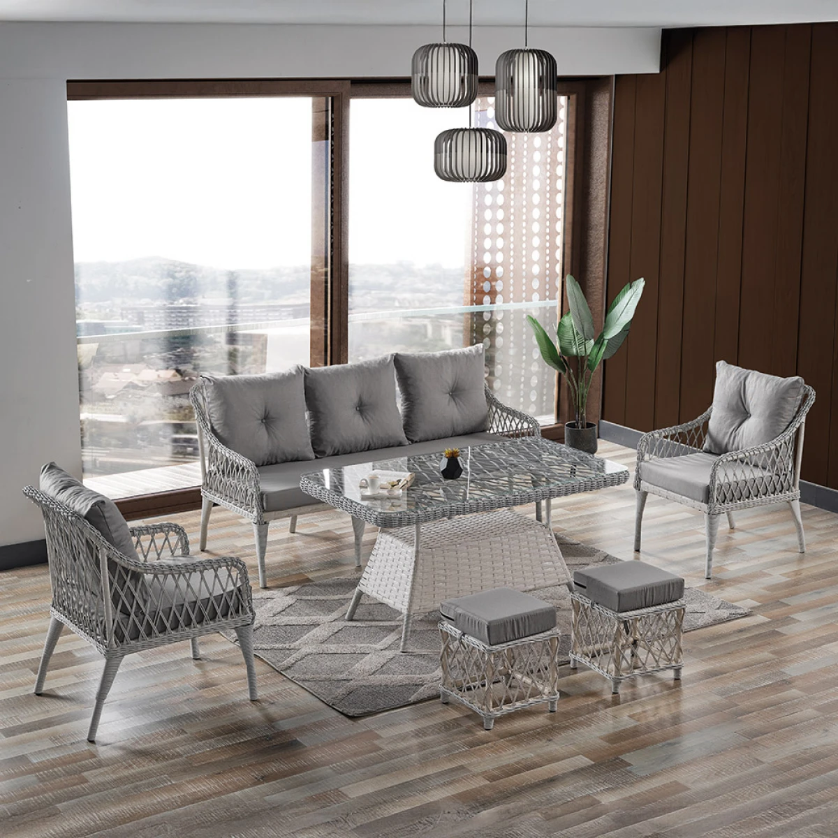 Joy Rattan Puflu Bahçe Balkon Takımı 3+1+1+ Camlı Masa Kemik Rengi