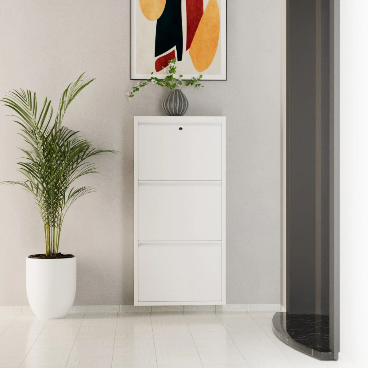 Kilitli 3 Kapaklı Metal Ayakkabılık Beyaz