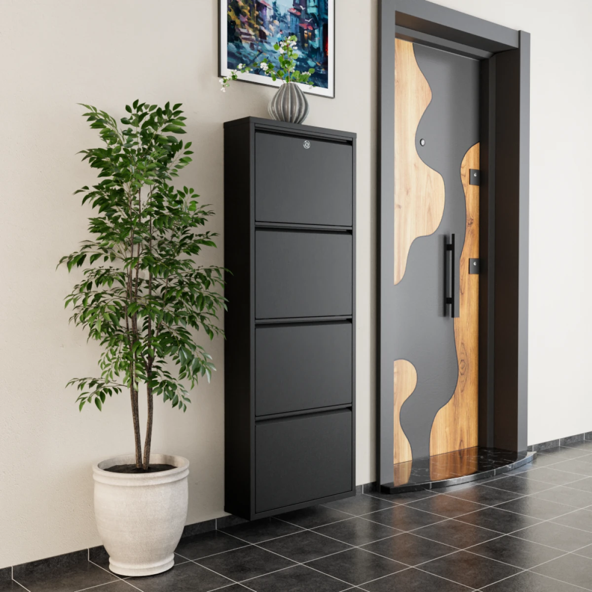 Kilitli 4 Kapaklı Metal Ayakkabılık Siyah 