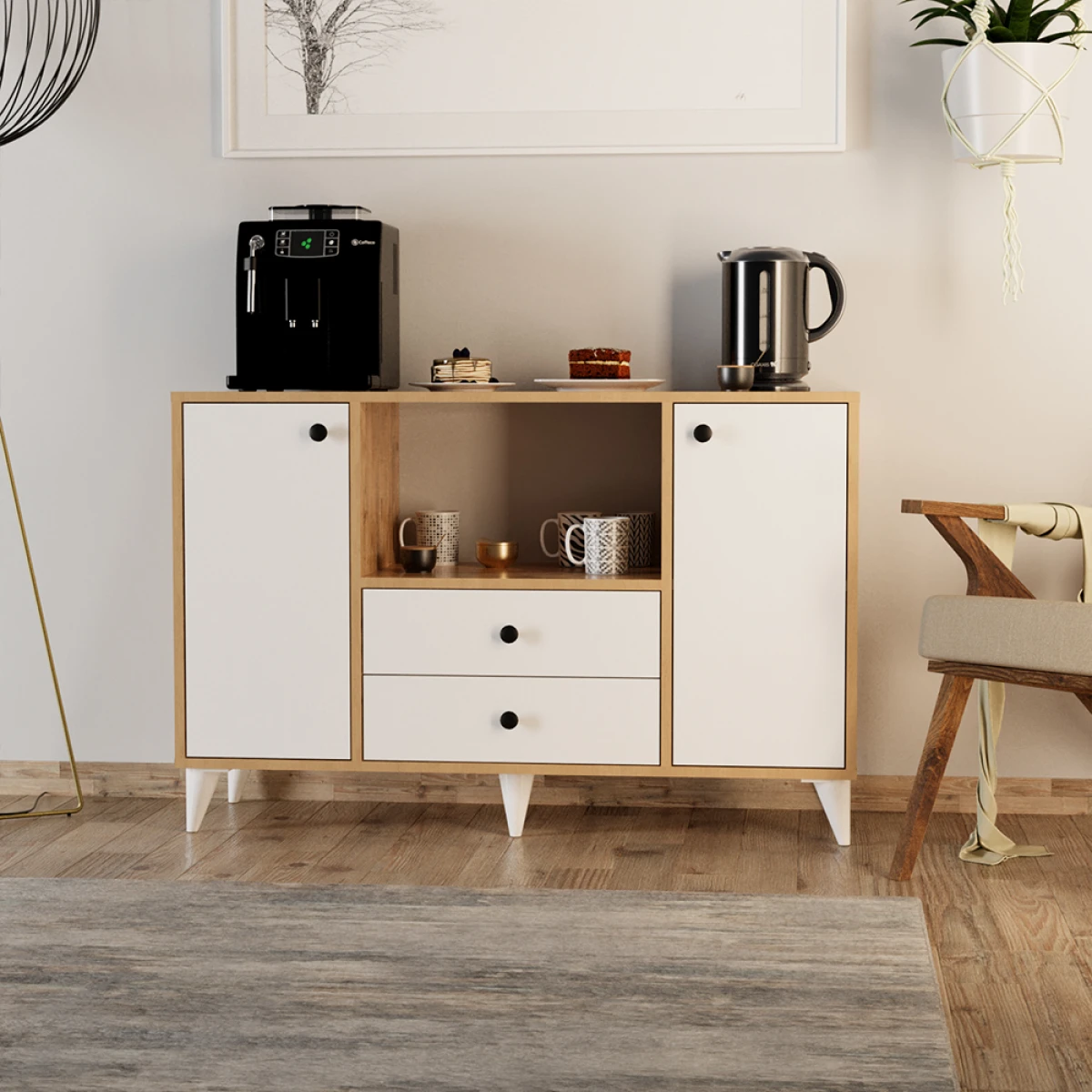 Eti Kahve Köşesi Çok Amaçlı Dolap Konsol Beyaz Atlantik Çam