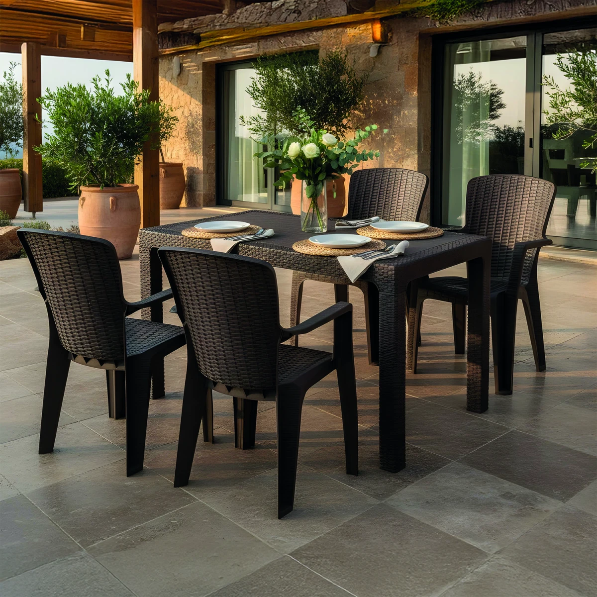 Side 4 Kişilik Rattan Masa Sandalye Takımı Siyah