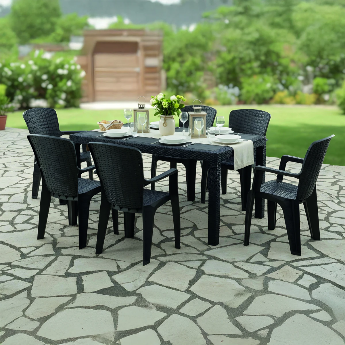 Side 6 Kişilik Rattan Masa Sandalye Takımı Siyah