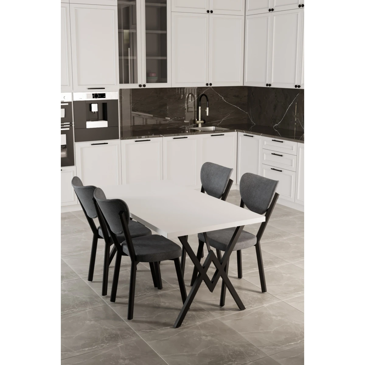 Elma 4 Kişilik Mutfak Yemek Masa Takımı Gri