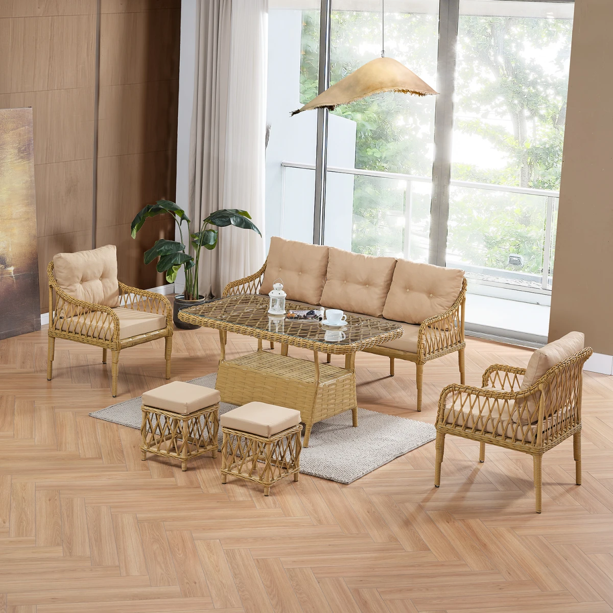 Joy Rattan Puflu Bahçe Balkon Takımı 3+1+1+Camlı Masa Cappuccino