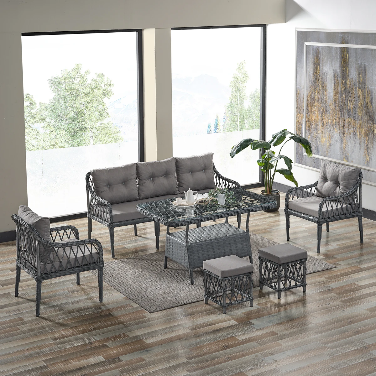 Joy Rattan Puflu Bahçe Balkon Takımı 3+1+1+ Camlı Masa Gri