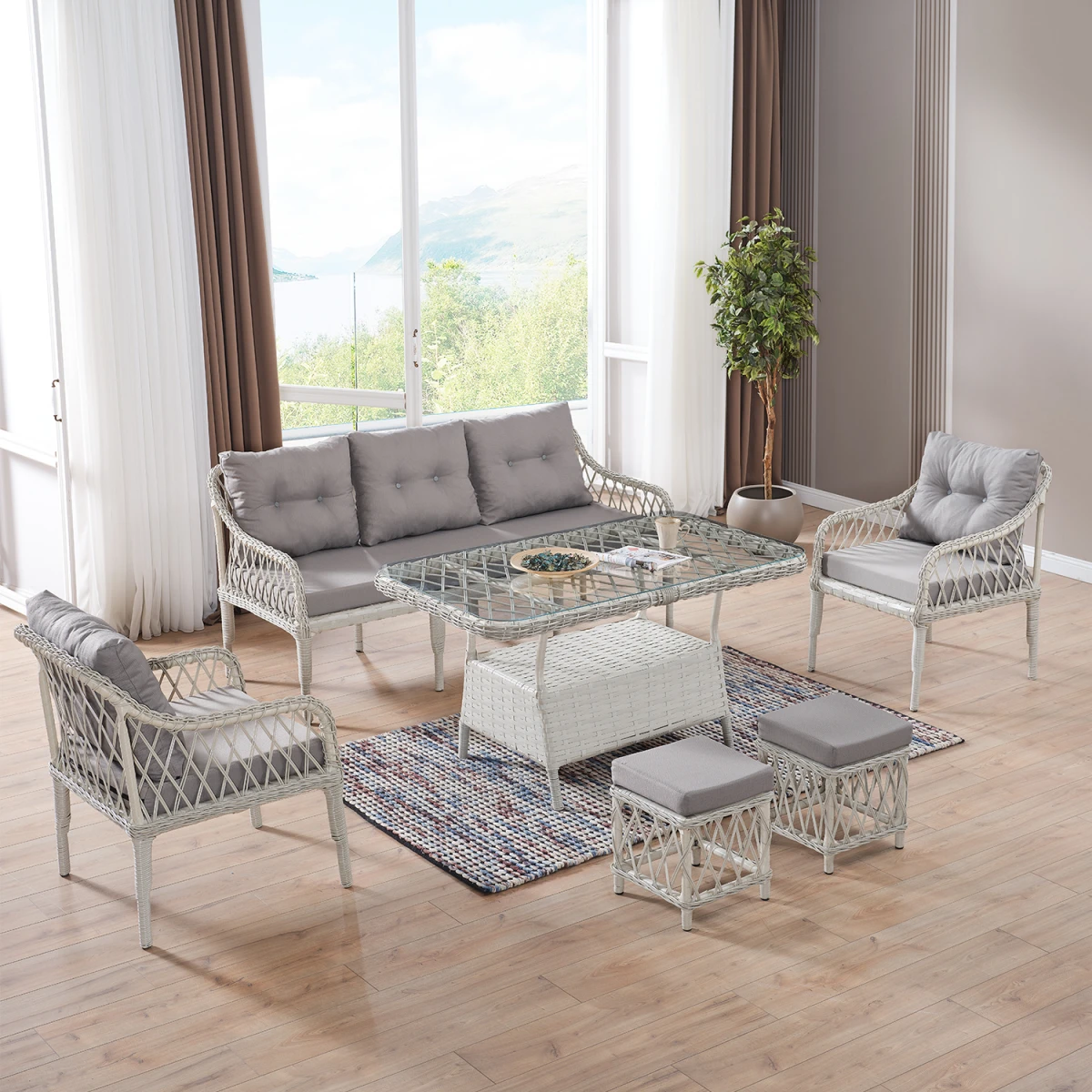 Joy Rattan Puflu Bahçe Balkon Takımı 3+1+1+ Camlı Masa Kemik Rengi