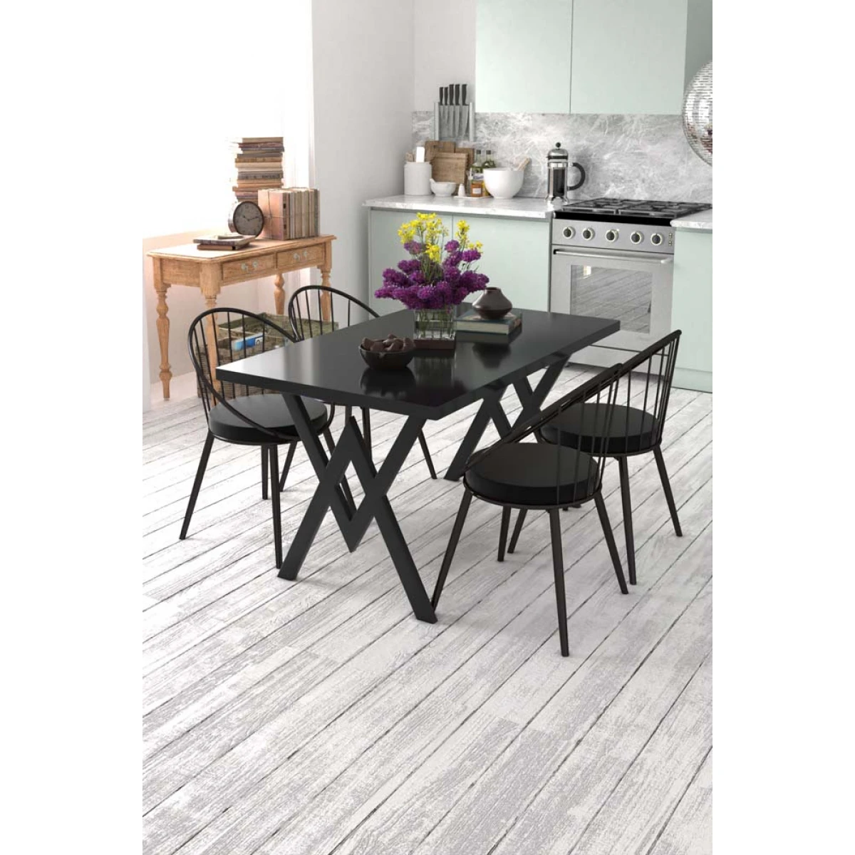 Evdemo Eylül 4 Kişilik Mutfak Masası Takımı Siyah Masa Siyah Sandalye