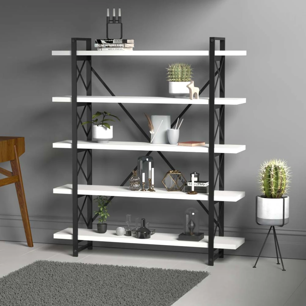 Evdemo Wood Metal Kitaplık Beyaz