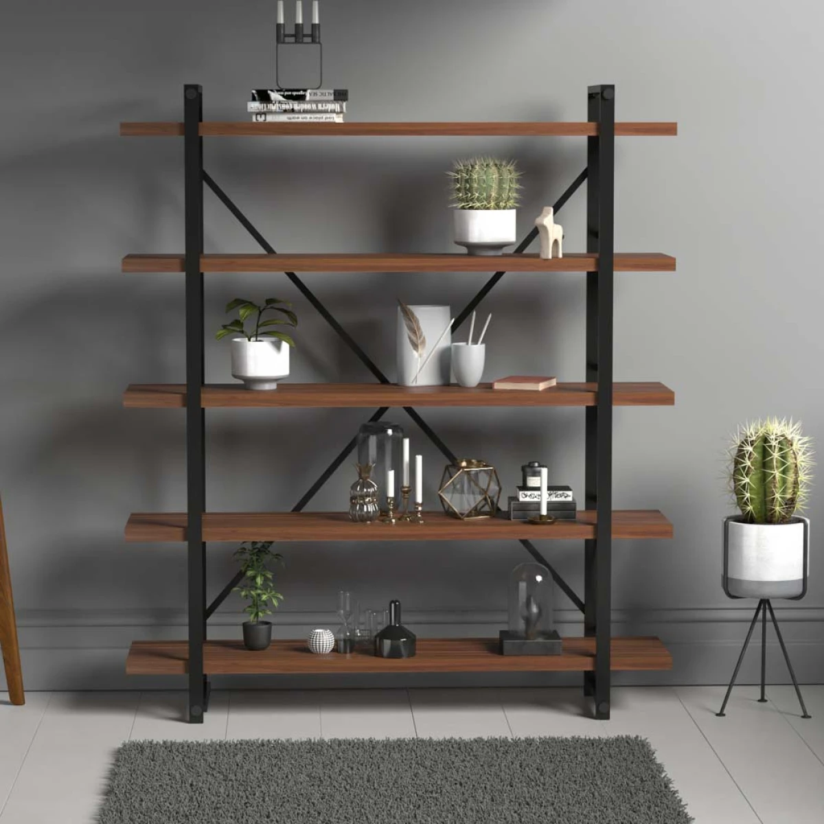 Evdemo Wood Metal Kitaplık Ceviz