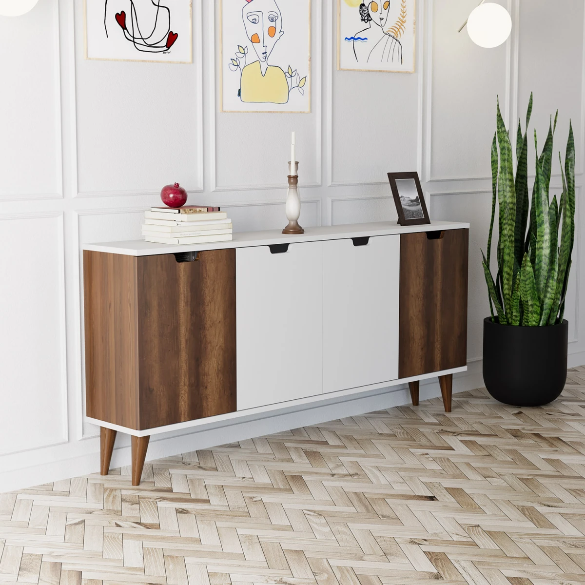 Elegant 4 Kapaklı Dekoratif Konsol Barok Ceviz Beyaz