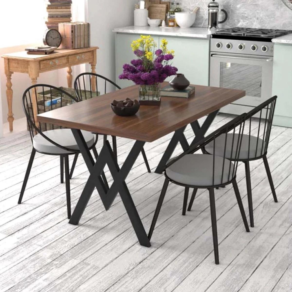 Evdemo Eylül 4 Kişilik Mutfak Masası Takımı Ceviz Gri