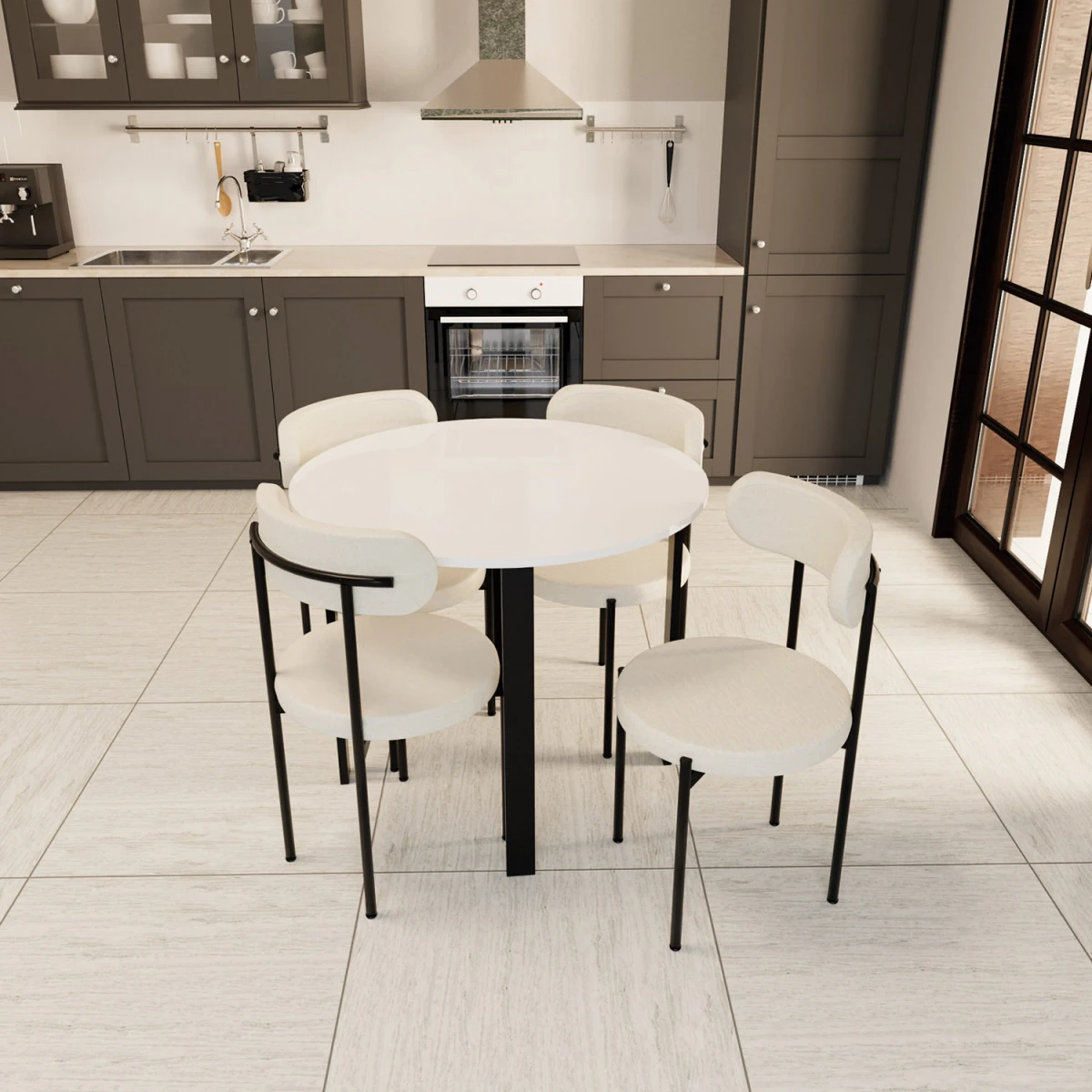 Trend Yuvarlak Mutfak Masa Takımı Beyaz-Krem-Siyah
