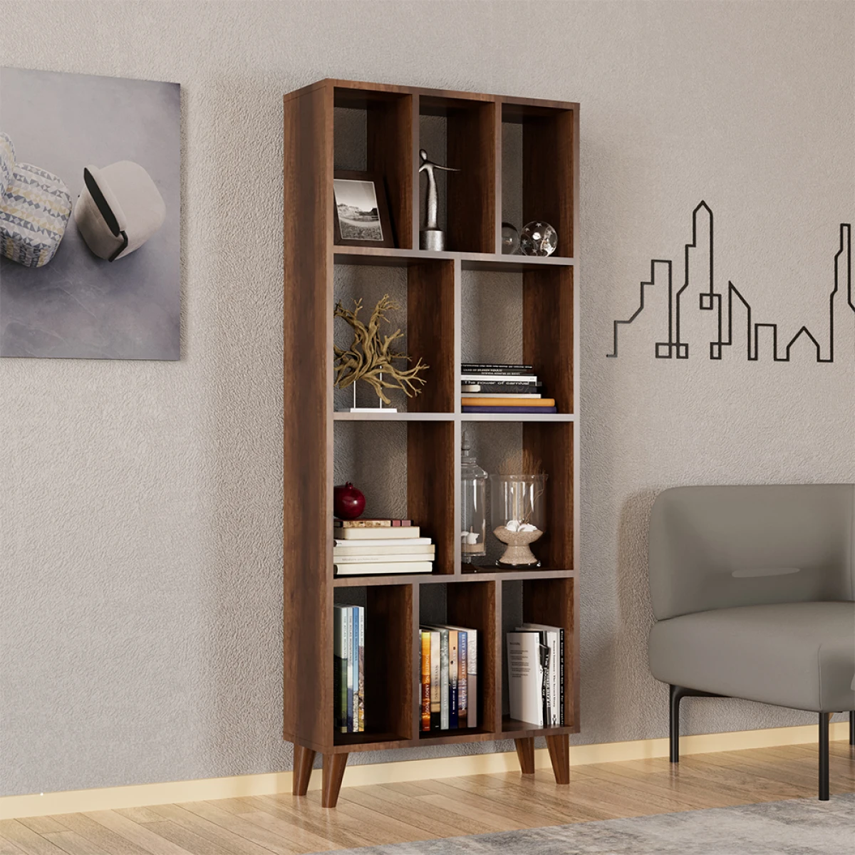 Petek Dekoratif Kitaplık Ceviz