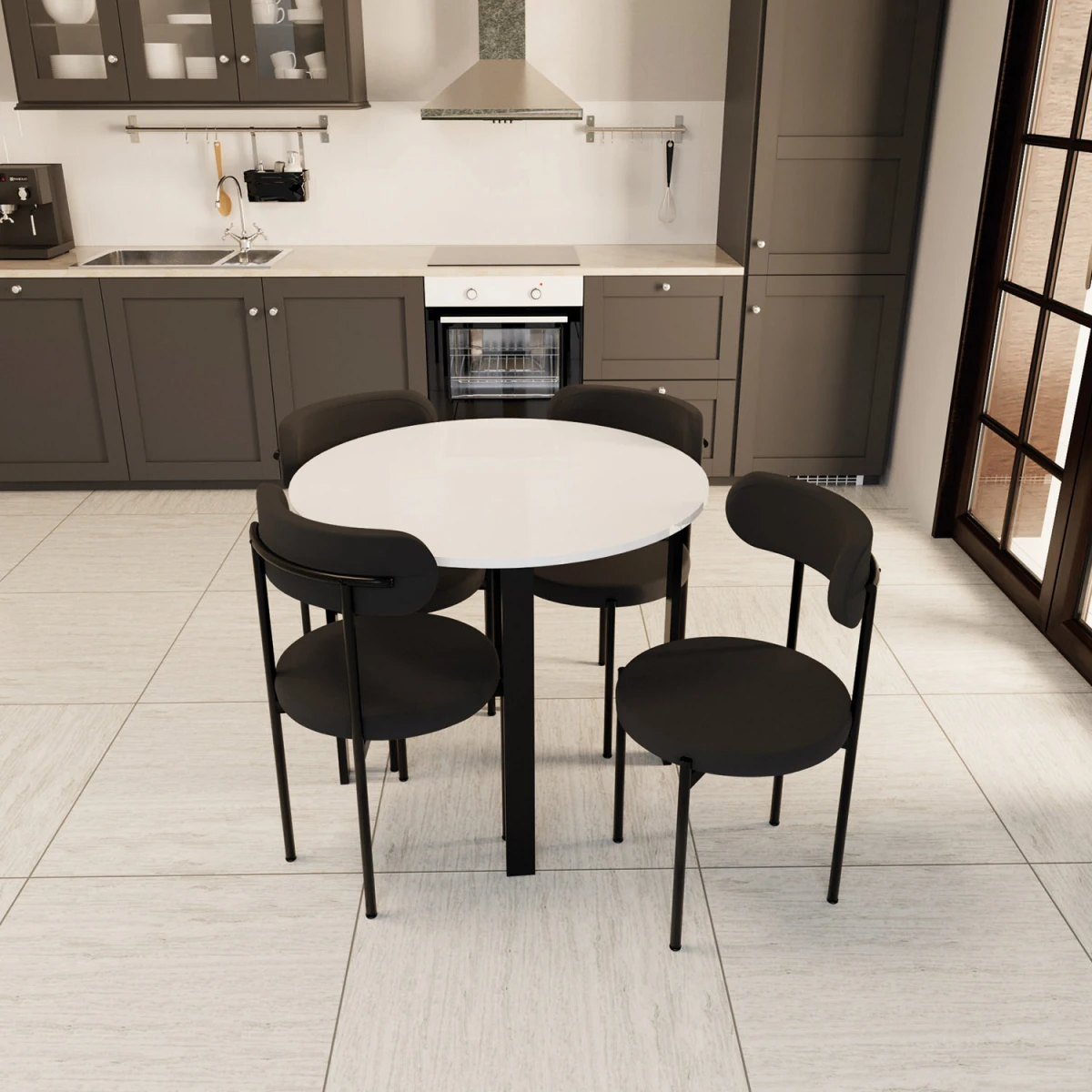 Trend Yuvarlak Mutfak Masa Takımı Beyaz-Siyah-Siyah