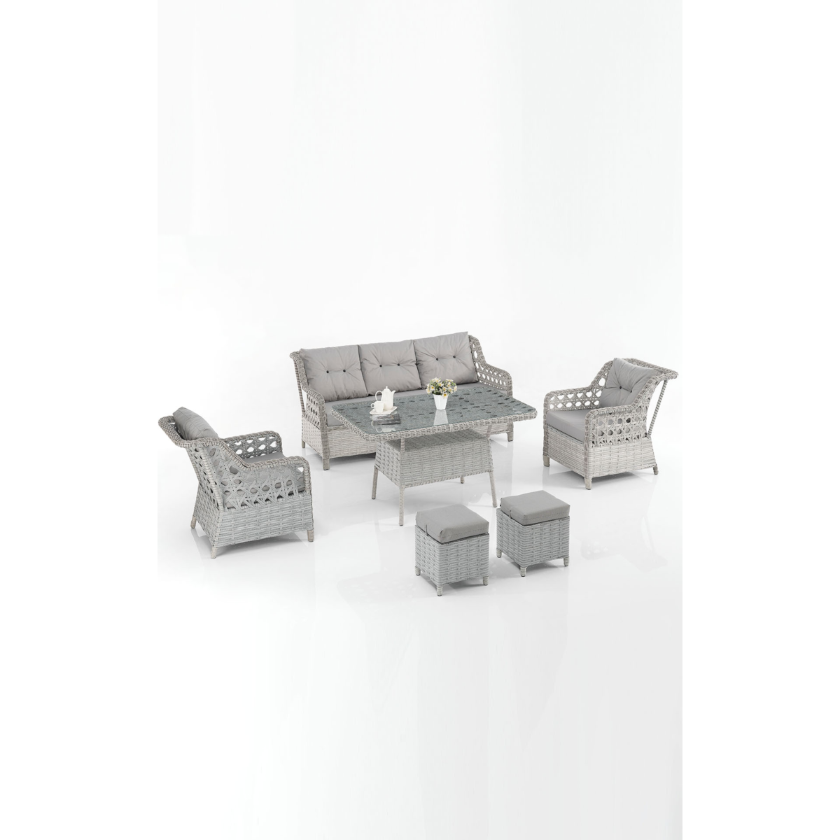 Eren Rattan Puflu Bahçe Balkon Takımı 3+1+1 Gri