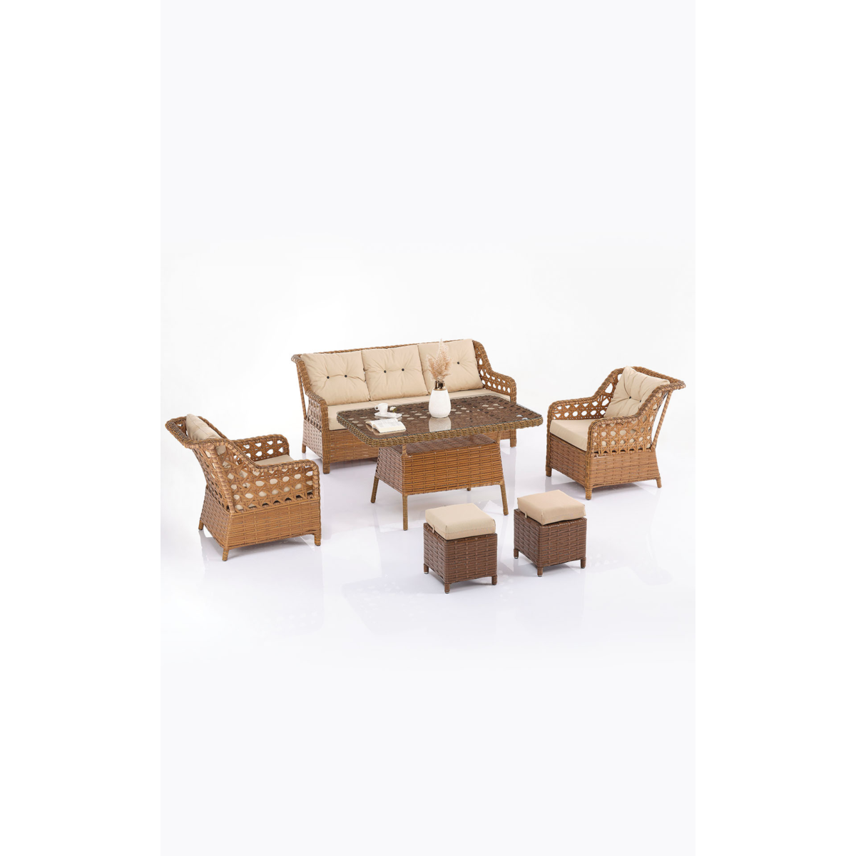 Eren Rattan Puflu Bahçe Balkon Takımı 3+1+1 Kahve