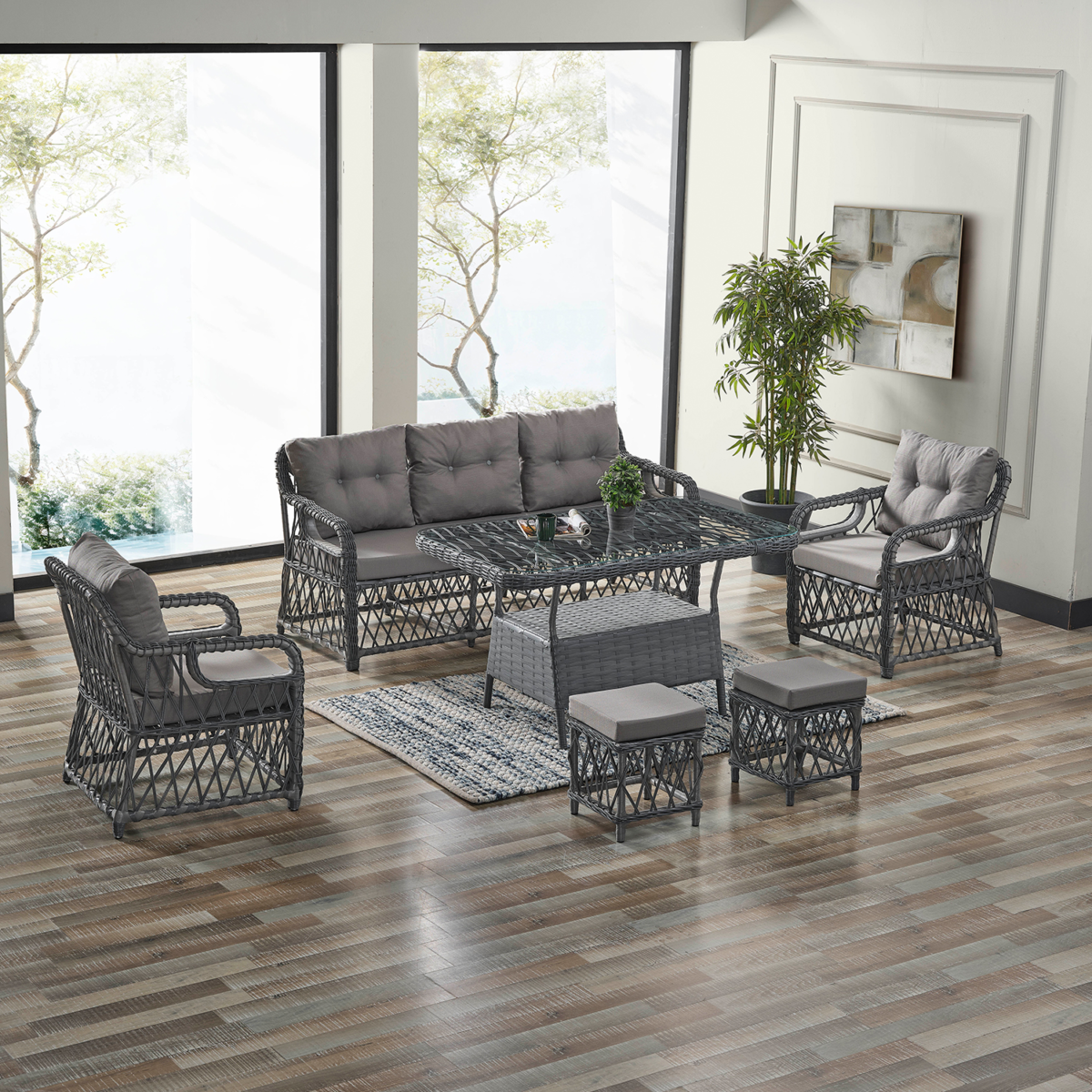 Edra Rattan Puflu Bahçe Balkon Takımı 3+1+1+Camlı Masa Gri