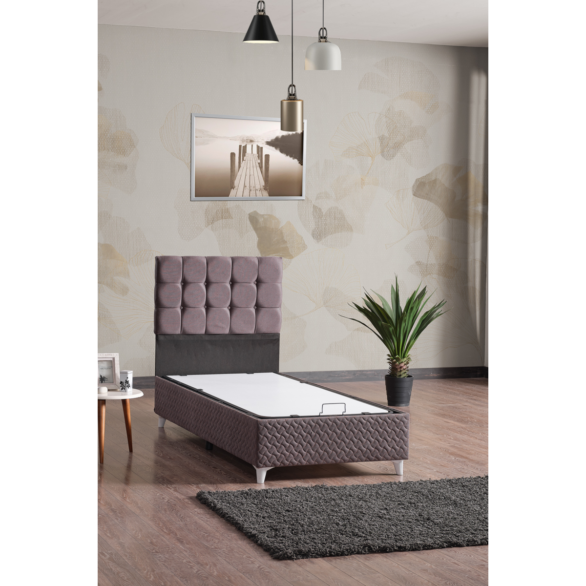 Bengü Tek Kişilik Baza Başlık Set Gri 90*190