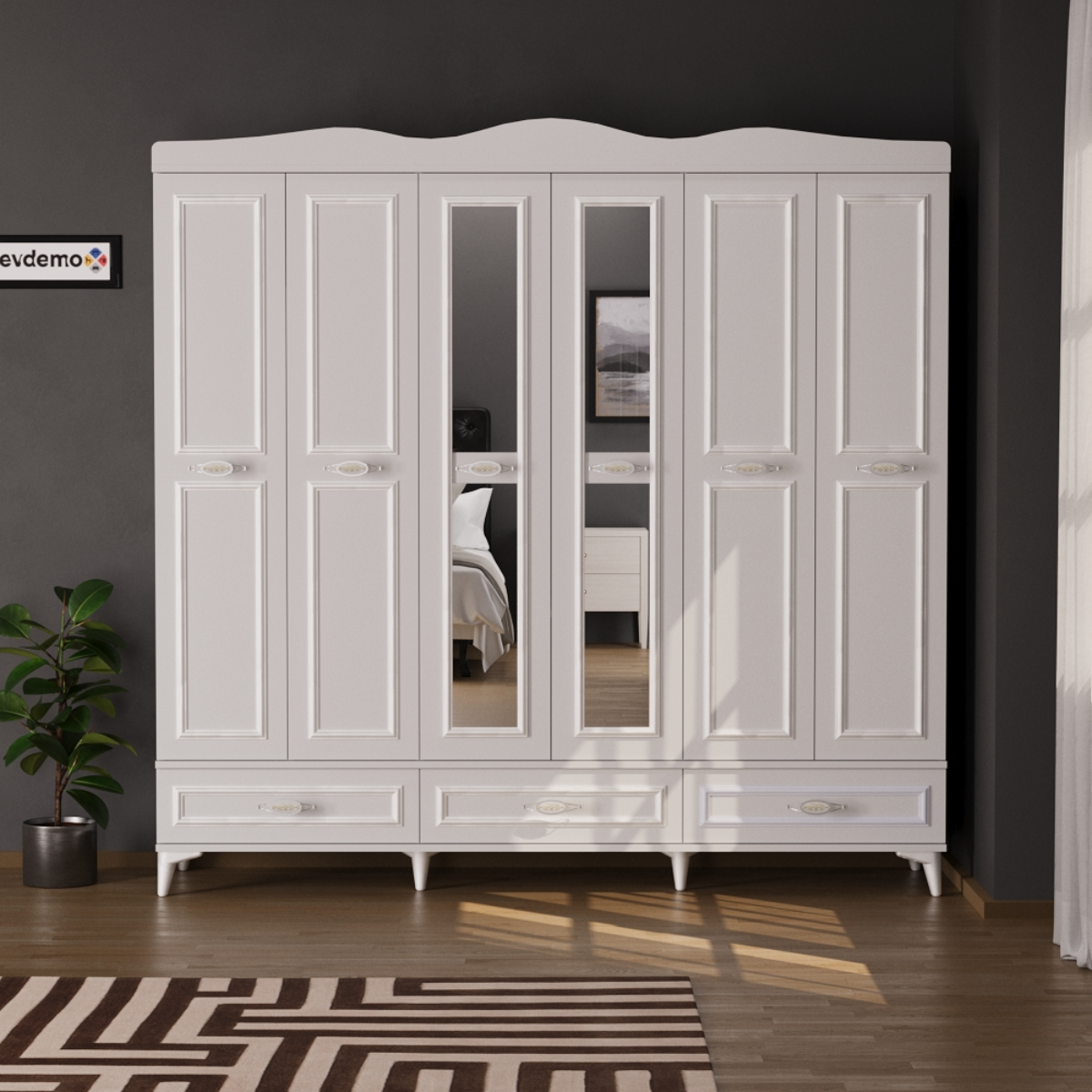 Luna 6 Kapaklı 3 Çekmeceli Aynalı Gardırop Beyaz