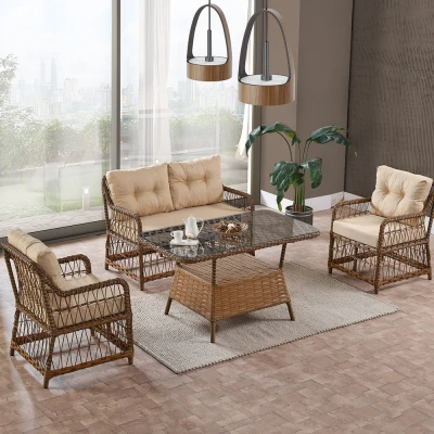 Breda Rattan Örgü Bahçe Balkon Takımı 2+1+1 Cam Masalı Kahve Breda Rattan Örgü Bahçe Balkon Takımı 2+1+1 Cam Masalı Kahve