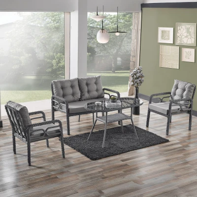 Rio Rattan Bahçe Balkon Oturma Takımı 2+1+1+Camlı Masa Gri Rio Rattan Bahçe Balkon Oturma Takımı 2+1+1+Camlı Masa Gri