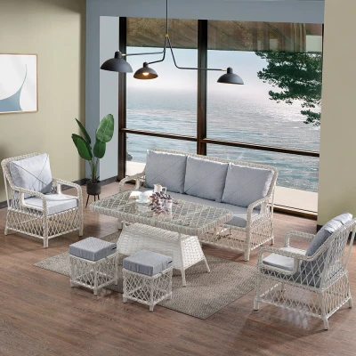 Edra Rattan Puflu Bahçe Balkon Takımı 3+1+1+Camlı Masa Kemik Rengi Edra Rattan Puflu Bahçe Balkon Takımı 3+1+1+Camlı Masa Kemik Rengi