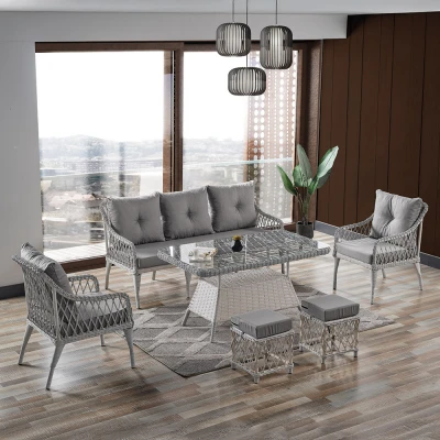 Joy Rattan Puflu Bahçe Balkon Takımı 3+1+1+ Camlı Masa Kemik Rengi Joy Rattan Puflu Bahçe Balkon Takımı 3+1+1+ Camlı Masa Kemik Rengi
