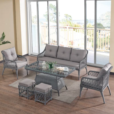 Joy Rattan Puflu Bahçe Balkon Takımı 3+1+1+ Camlı Masa Gri Joy Rattan Puflu Bahçe Balkon Takımı 3+1+1+ Camlı Masa Gri