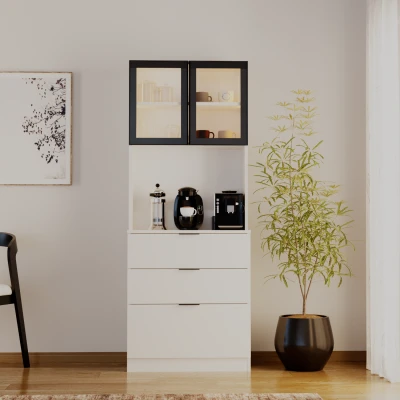 Sierra Temperli Cam Kapaklı Ledli Kahve Köşesi Mutfak Kiler Dolabı Beyaz