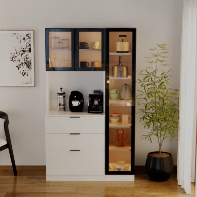 Sierra Temperli Cam 3 Kapaklı Ledli Kahve Köşesi Mutfak Kiler Dolabı Beyaz