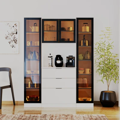 Sierra Temperli Cam 4 Kapaklı Ledli Kahve Köşesi Mutfak Kiler Dolabı Beyaz