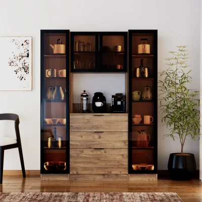 Sierra Temperli Cam 4 Kapaklı Ledli Kahve Köşesi Mutfak Kiler Dolabı Çam